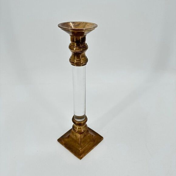 Vintage Brass & Lucite Candlestick Candle Holder 10" Square Base Party Wedding - Picture 1 of 8